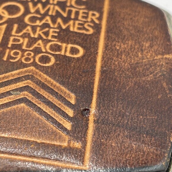 1980 VTG Lake Placid Olympics Winter New York Brown Leather Belt Buckle El Cid - Picture 3 of 10